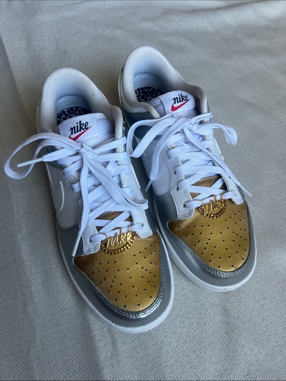 Nike Dunk Low Gold White Silver Leather Sneakers Womens Shoe Size 8.5 - Picture 3 of 11